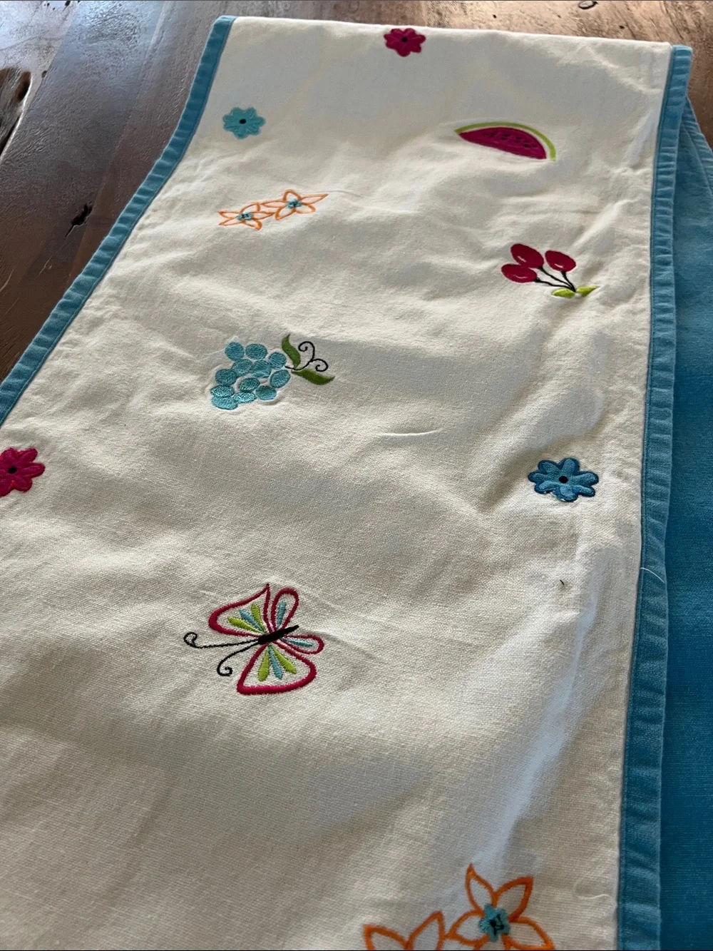 White Embroidered Floral Table Runner with Blue Trim